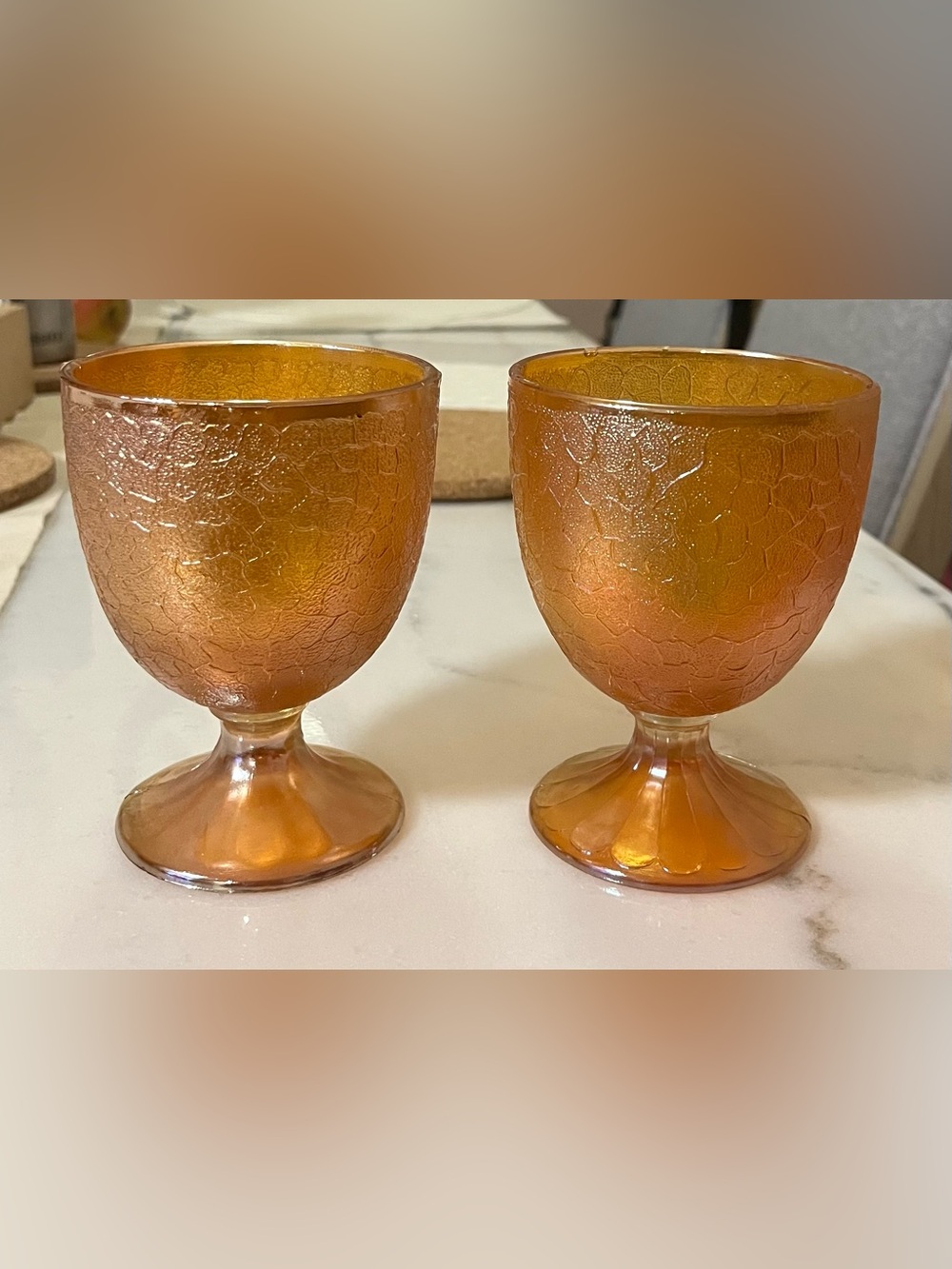 Jeanette marigold Carnival Glass Amber Goblets compotes- Set of 2